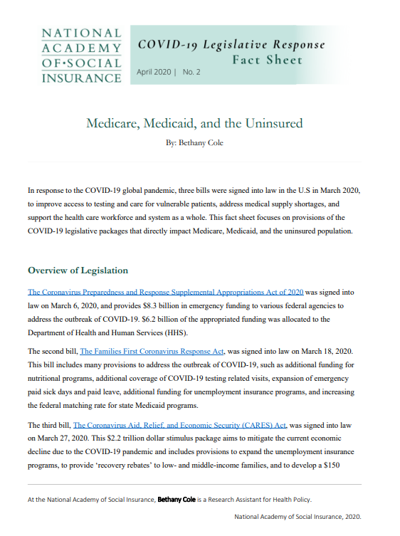 First page of factsheet on how provisions in COVID-19 legislative packages impact the Medicare and Medicaid programs, and the uninsured